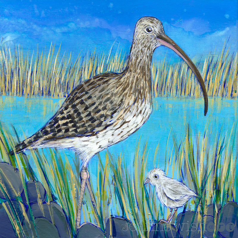A painting of a curlew and it's chick standng on the waters edge. 
