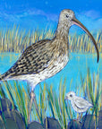 A painting of a curlew and it's chick standng on the waters edge.