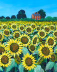 a painting of a field of Sunflowers with a red brick house in the distance.
