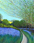 A colorful landscape painting of a winding path through a field of purple flowers, lined with leafy green trees under a bright blue sky.