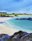 An impressionistic landscape painting of a coastal beach with turquoise water, pale sand, dark rocks, green dunes, and a blue sky.