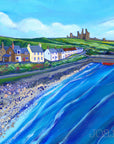 A painting of a coastline surrounded by colourful houses and boats.