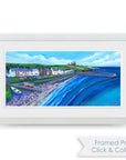 Framed print of a coastal scene with houses and boats on a white background