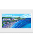 A framed version of the coastline with colourful houses and boats.