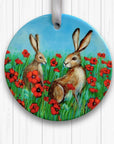 Hares Peeking through the Poppies - Ceramic Tree Decoration