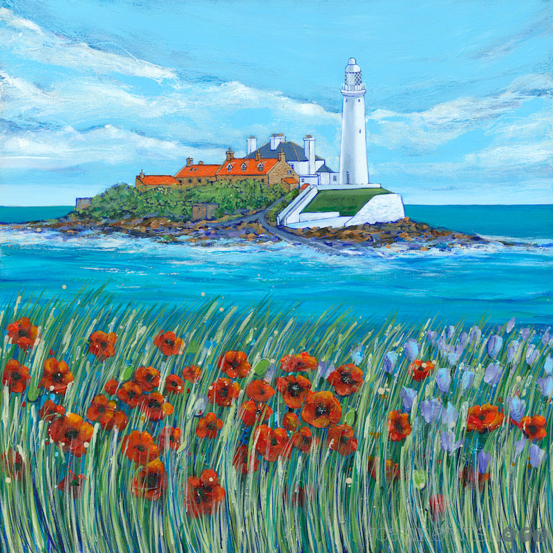 A summery painting of St Mary's Lighthouse. a white lighthouse sits on a rocky island with a pale blue sky overhead. The sea is turquoise and waves rill gently to the shore. There are orange roofed cottages at the base of the lighthosue. Int eh foreground bold red poppies sway in the long sea grass.