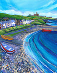 A bright colourful painting of a harbour village