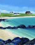 A colorful landscape painting of a coastal village with white houses on a grassy hill, a sandy beach, turquoise water, dark rocks in the foreground, and a blue sky.