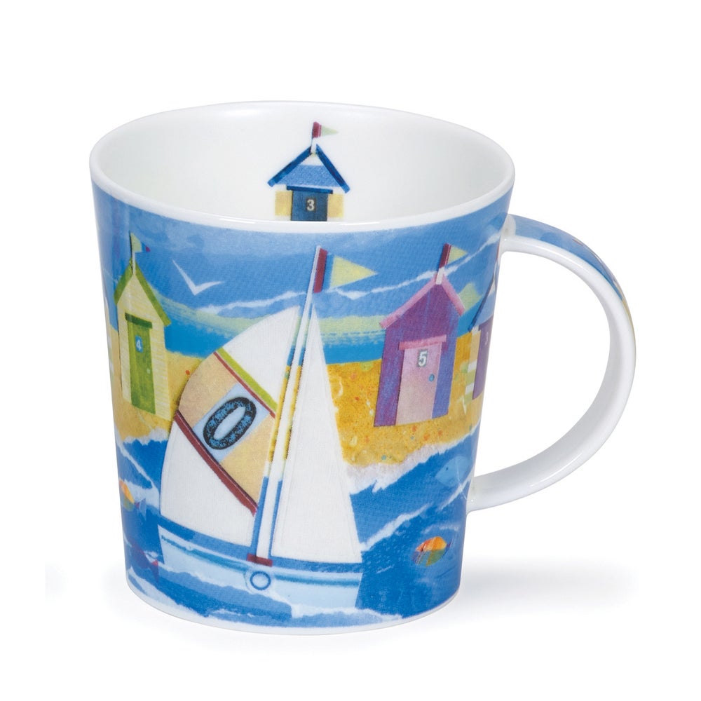 A fine bone china mug featuring a beach huts and sailing boats design.