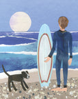 A man with short brown hair stands on the shore line looking out to sea with a small black dog with a white stripe. The sun is just rising, making the sea reflective.