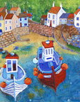 An art print of fishing boats in Staithes harbour.