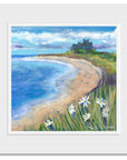 Bamburgh beach and castle captured in a mounted print ready for you to frame .