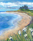 Sweeping sands of Bamburgh Beach with Castle perched on top of the dunes is captured in this Northumberland print by artist Joanne Wishart.