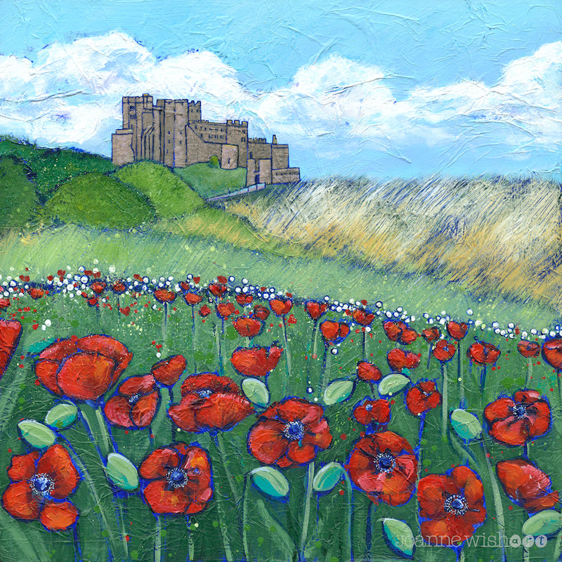Bamburgh castle painting using brigh bold colours with red poppies growing in the sand dunes. 