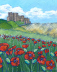 Bamburgh castle painting using brigh bold colours with red poppies growing in the sand dunes.