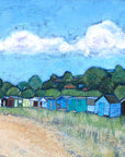 A print of the old beach huts and sheds on Coldingham Bay beach.