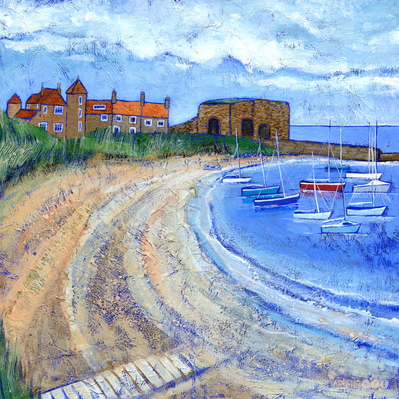 A fine art print of Beadnell Bay and the lime kilns in Northumberland.