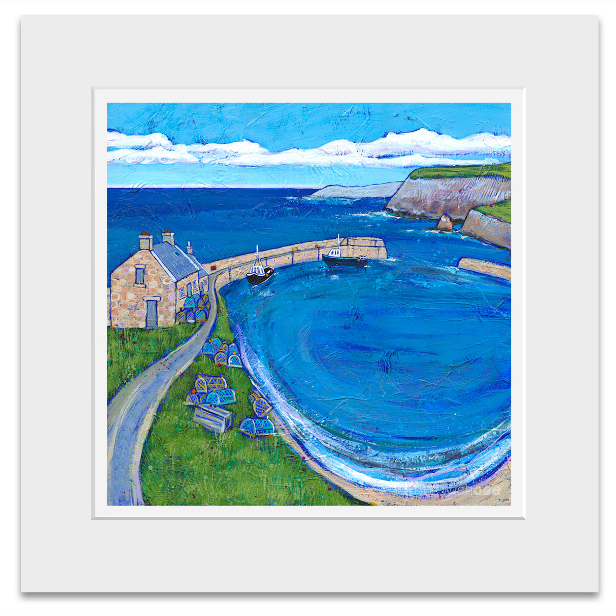 A mounted print of Cove harbour in Scotland.