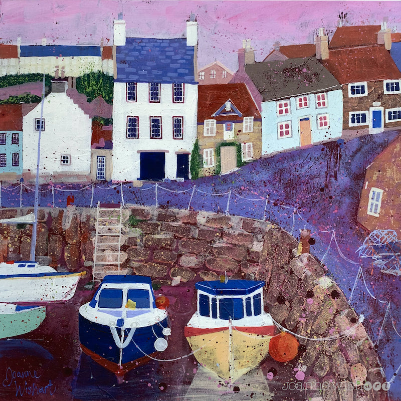 A fine art print of Crail Harbour in fife with purple and pink tones.