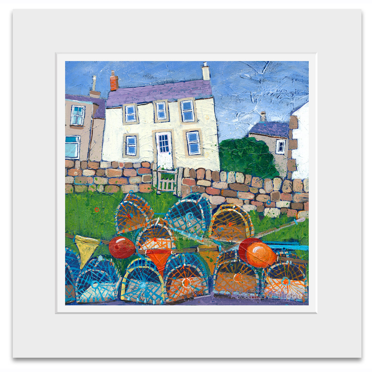 A mounted print of lobster pots and a fishermans cottage painted in a quirky style.