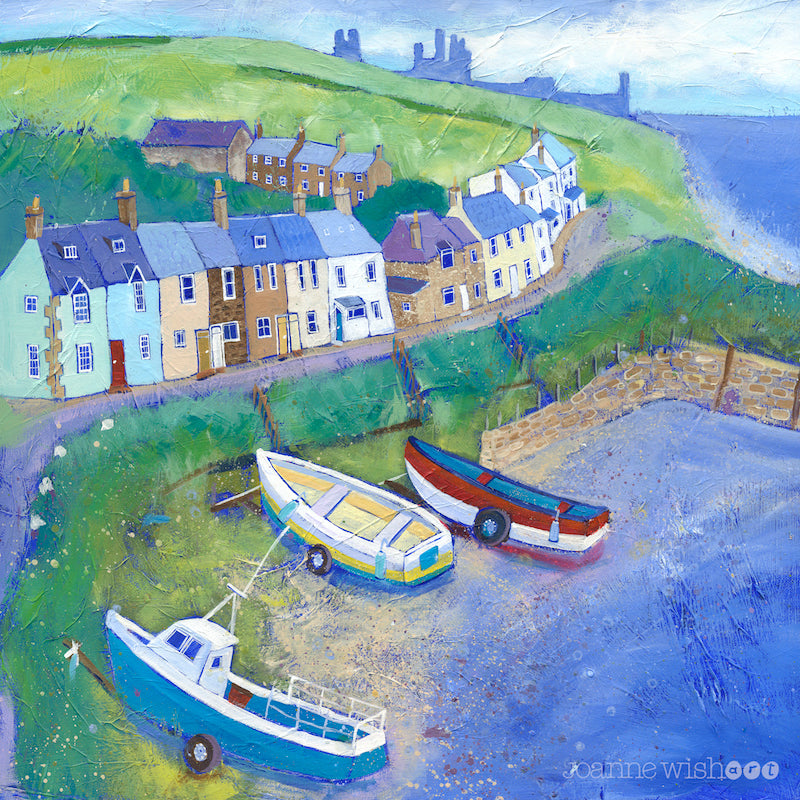 A summery picture of Craster harbour with dunstanburgh castle in the distance. Painted by local artist Joanne Wishart 