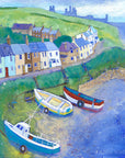 A summery picture of Craster harbour with dunstanburgh castle in the distance. Painted by local artist Joanne Wishart