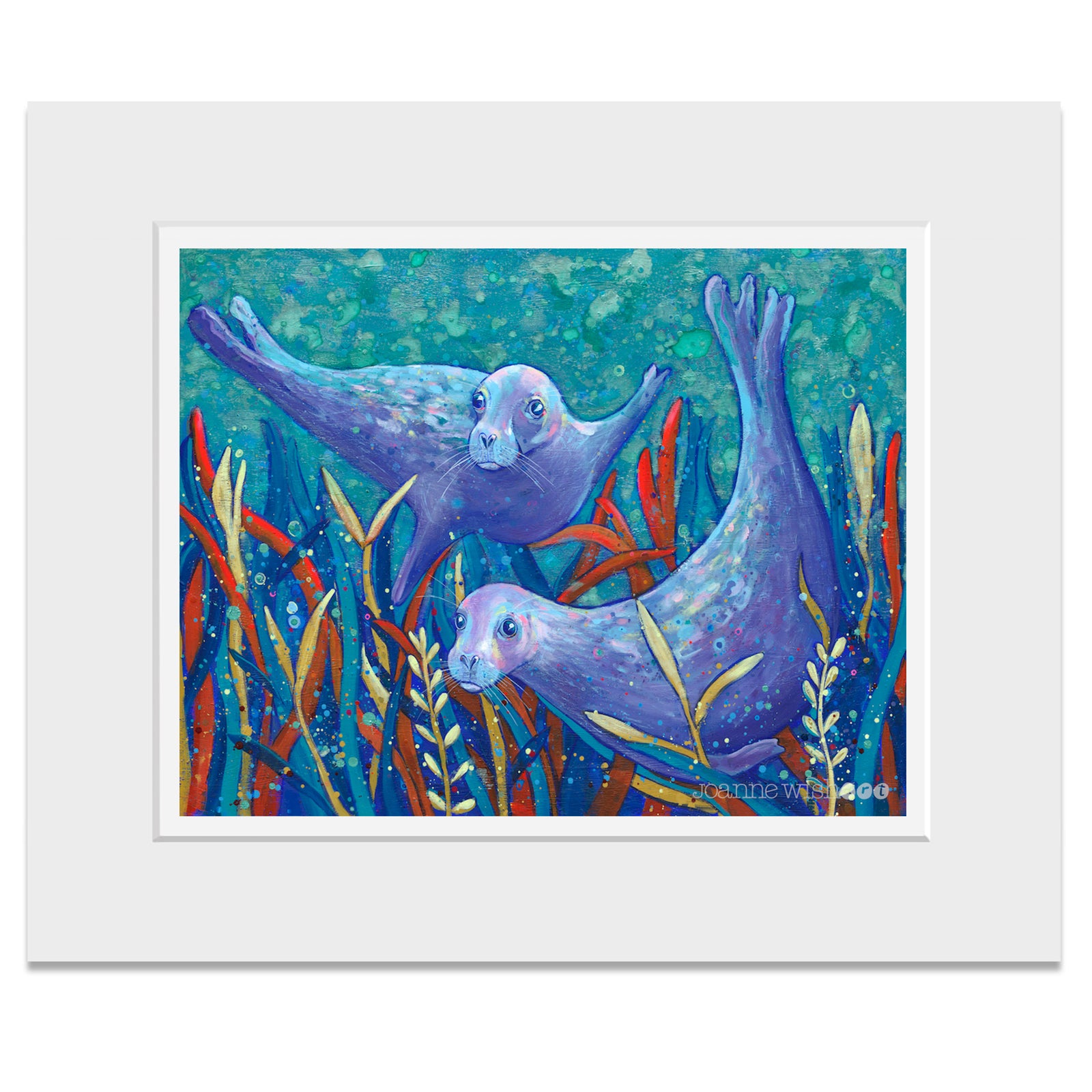 A mounted print of two great seals swimming underwater in amongst the seaweed.