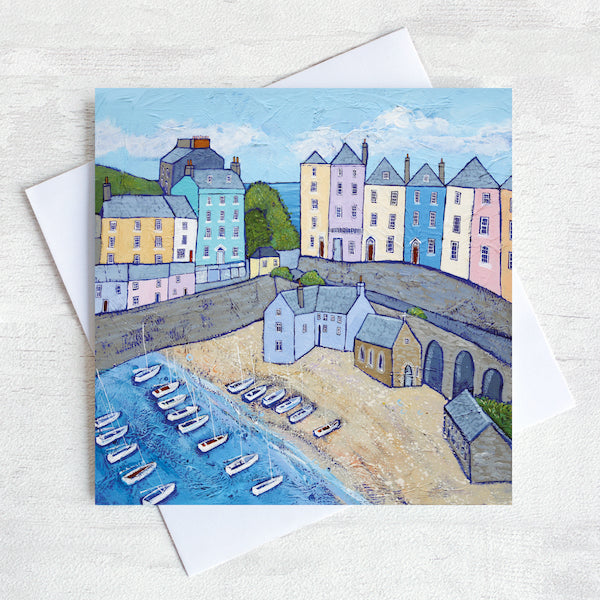A greetings card of the colourful buildings at Tenby Harbour in Wales.