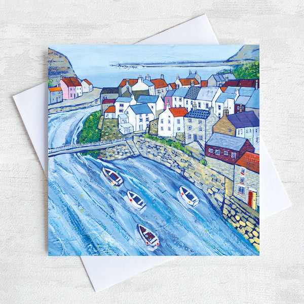 A coastal greetings card of the harbour village of Staithes in north Yorkshire.