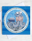 A greetings card featuring a beardy ships captain with a boat sailing in his beard.