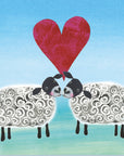 Two sheep stand face to face with a red textured heart between them. Both sheep are blushing giving the impression they are sharing a moment of love. They have black faces, ears and legs and a white coat made up of spirals to bring texture.