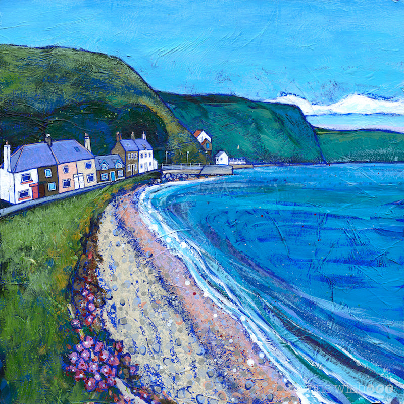 A contemporary art print of lower burnmouth displaying the pebbles beach and colourful fishermens cottage.