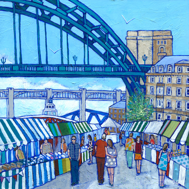 A vibrant and colourful print of Newcasltes quayside market featuring people and stalls and the Tyne Bridge.