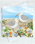 Two white and grey birds are seen pottering on a pevled shoreline interspersed with bright green seaweed.