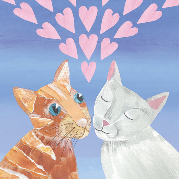 One striped ginger cat with bright blue eyes can be seen having a romantic moment with a white cat with a pink nose and ears. The white cat has its eyes closed as if content. Multiple pink hearts can be seen between the two cats in the same shade of pink as the white cat’s detailing on a mid blue/purple background. 