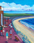 A colourful summery painting of the Rendezvous Cafe in Whitley Bay featuring the famous ICES typography painted on the wall. St Mary's lighthouse is in the distance.