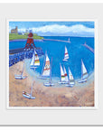 A mounted print of South Shields groyne with sailing boats in the bay and Tynemouth Priory in the distance.