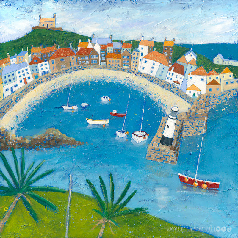 A colourful picture of st ives harbour in cornwall featuring colourful cottages, boats and a turquoise sea.