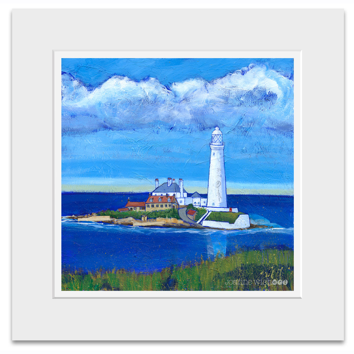 A mounted print of St Mary's island with a bold blue sea and sky.