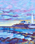 A warm lavender evening skyline over St Mary's lighthouse on the North East coastline is captured in this art print by Joanne Wishart.