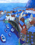 A print of Staithes village featuring topsy turvy houses on the cliffside with the boat filled beck leading out to sea.