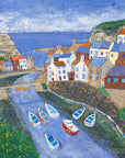 An art print of Staithes village looking down the beck and out to sea.