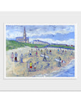 A mounted print of Longsands Beach featuring families and surfers.