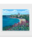Summertime at King Edwards Bay painting with pink flowers in the foreground.