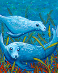 Two seals submerged below the deep waters. Both have a curious expression with open eyes swimming amongst colourful red and green seaweed.