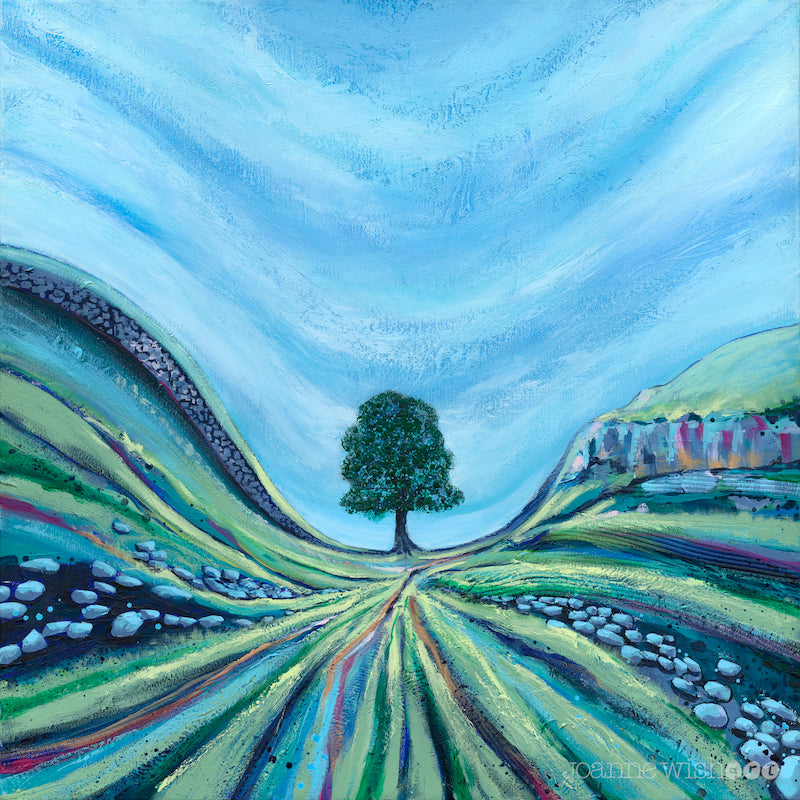 A painting of a tree called sycamore Gap which sits in the dip of a hillside on hadrians wall. Stripes of green and pink in the landscape lead eye towards the tree which sits proudly in the centre of the piece. The sky is blue the eye with sweeping white clouds.  