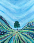 A painting of a tree called sycamore Gap which sits in the dip of a hillside on hadrians wall. Stripes of green and pink in the landscape lead eye towards the tree which sits proudly in the centre of the piece. The sky is blue the eye with sweeping white clouds.
