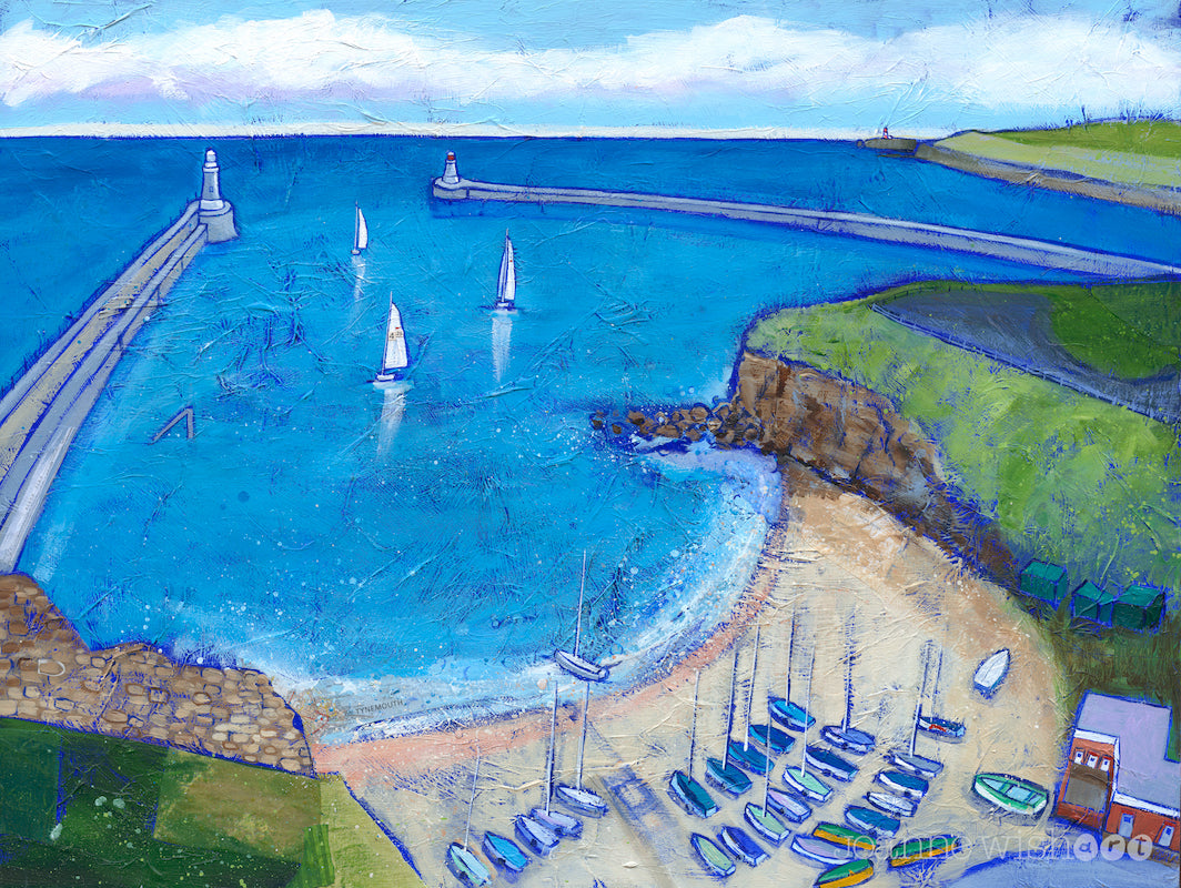 An art print of Tynemouth haven and sailing boats on the mouth of the tyne.