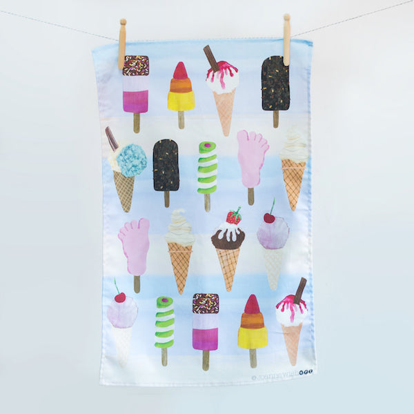 A summery tea towel with a pattern of ice lollies and ice cream cones .