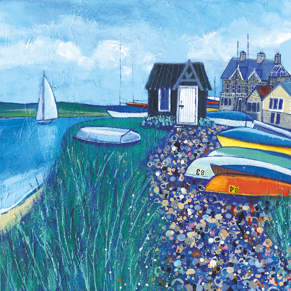 The river Al is seen on the left hand side of the piece with a small white sail boat meandering down and green fields in the distance. Colourful upturned numbered boats are visible on the riverside in front of the ferry hut; a small black wooden building with a white door. Stone building are also situated on the right hand side of the piece under a light blue cloudy sky